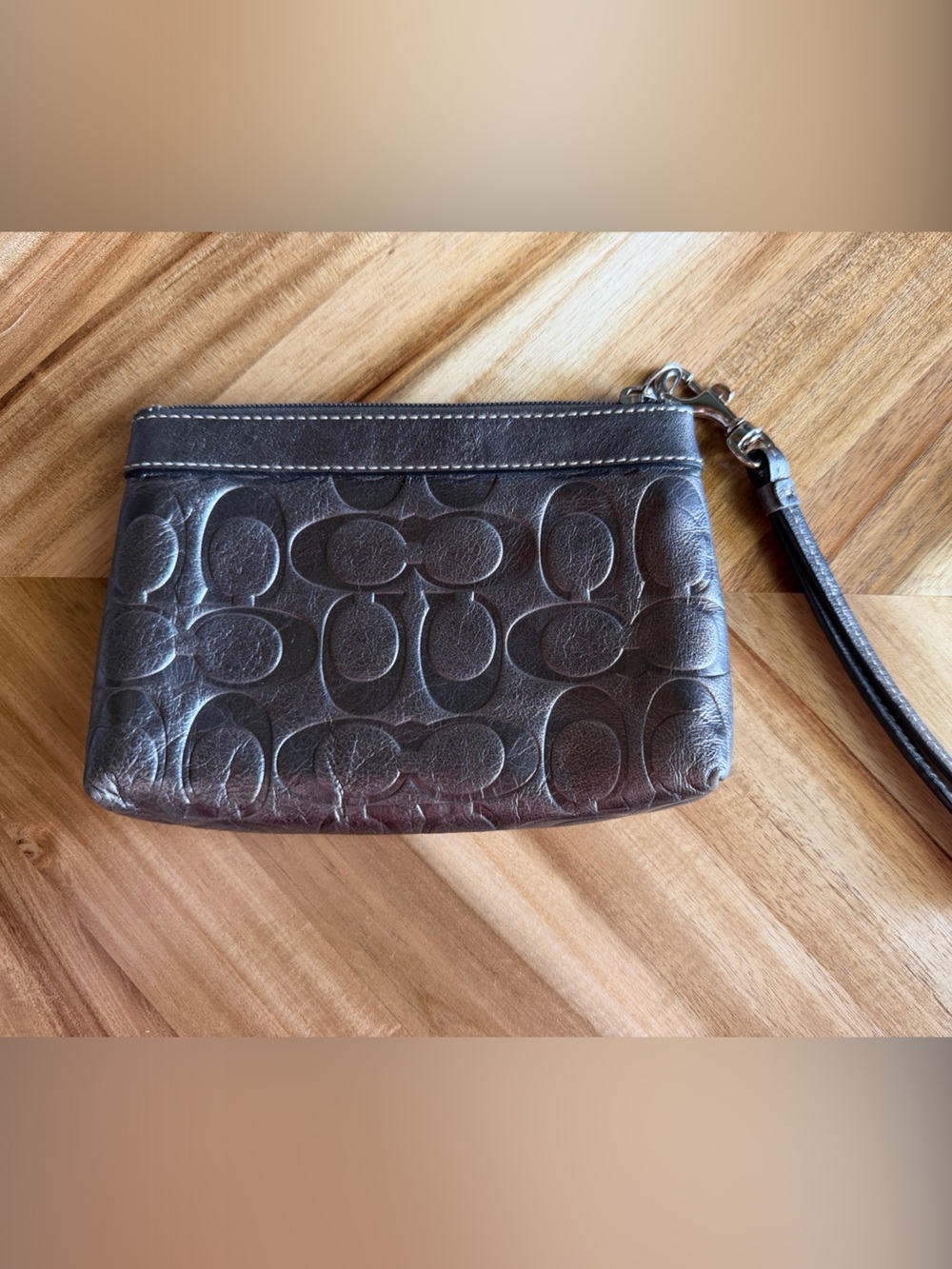 Coach Brown Signature Embossed Leather Wristlet
